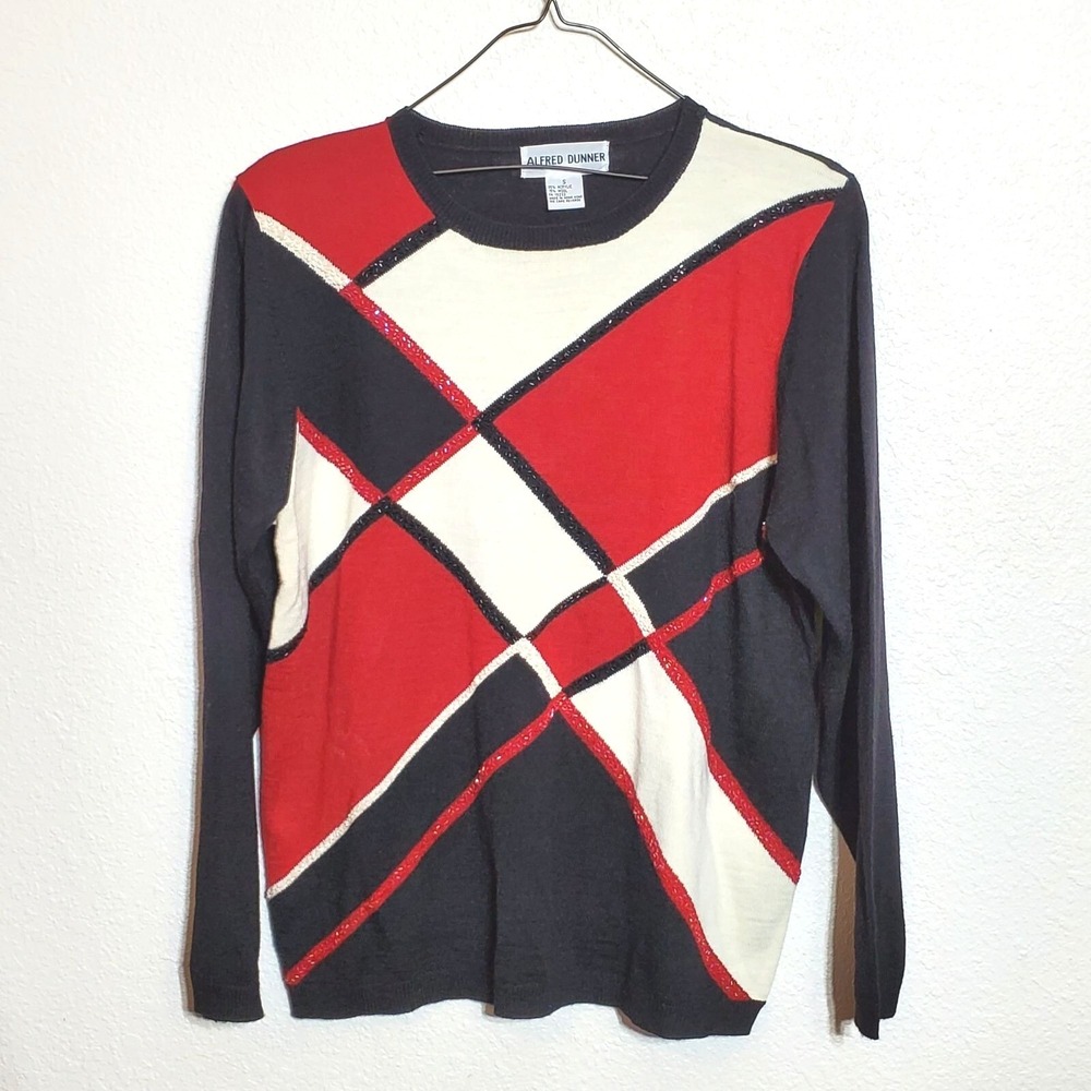 Alfred Dunner Womens Small Long Sleeve Sweater Red Black Cream Christmas